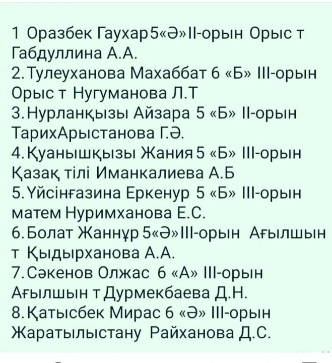Республикалық олимпиаданың қалалық кезеңіндегі жеңімпаздар