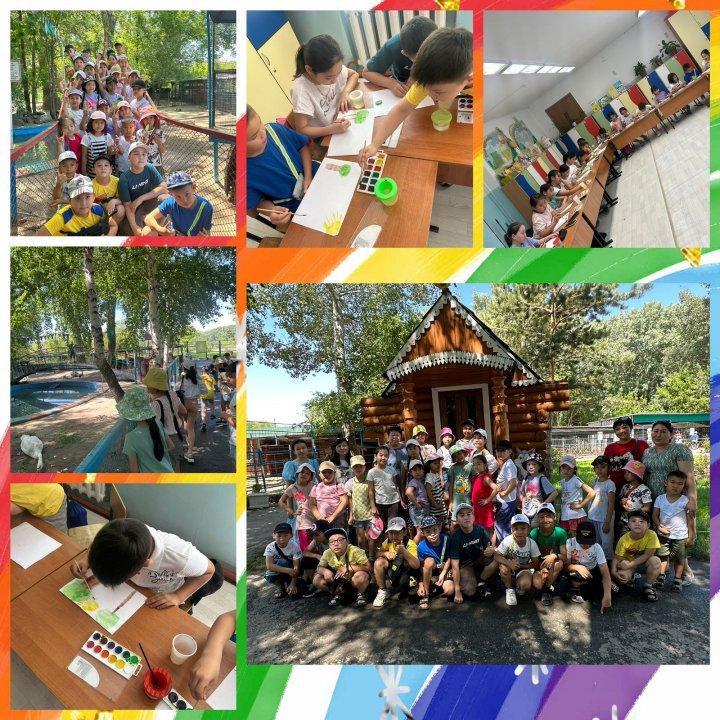 “Балдәурен” жазғы демалыс лагерінің екінші күні биологиялық орталыққа саяхатқа арналды🐾….                          🌈Балалар биологиялық орталықтан көріп тамашалаған көріністерді қағаз бетіне түсірді