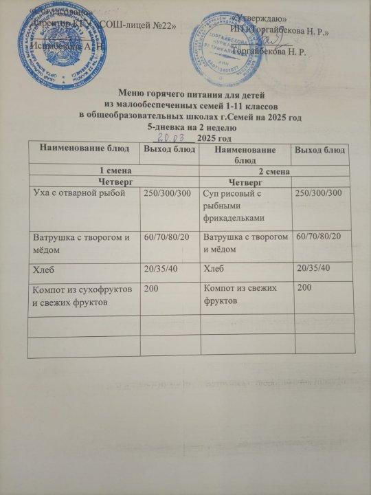 Күнделікті ас мәзірі/ 2 апта/ Бейсенбі/ 1 ауысым