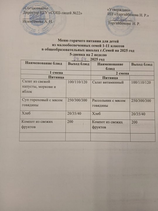 Күнделікті ас мәзірі/ 2 апта/ Жұма/ 1 ауысым жане 2 ауысым