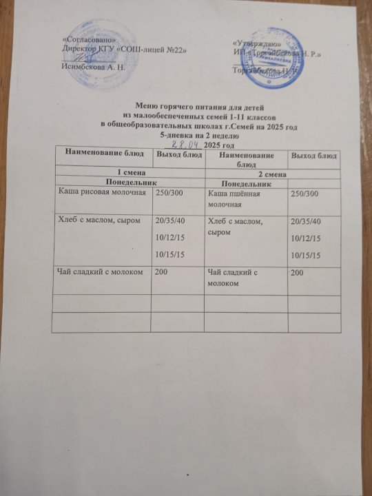 Күнделікті ас мәзірі/ 2 апта/ Дүйсенбі/ 1 ауысым жане 2 ауысым