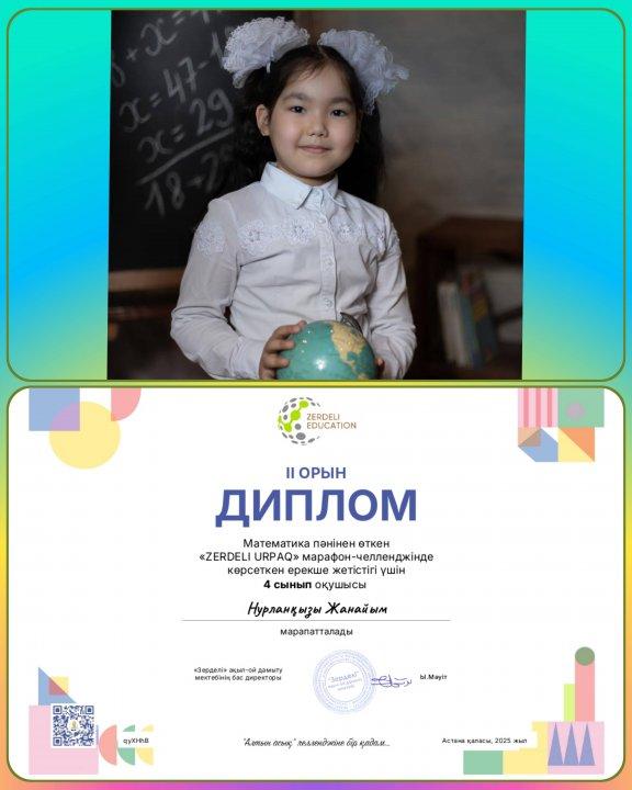ІІ орын Диплом Математика пәнінен өткен “ ZERDELI URPAQ” марафон-челленджінде көрсеткен ерекше жетістігі үшін 4 “В” сынып оқушысы Нұрланқызы Жанайым марапатталады Жетекшісі: Мамырбекова А.С