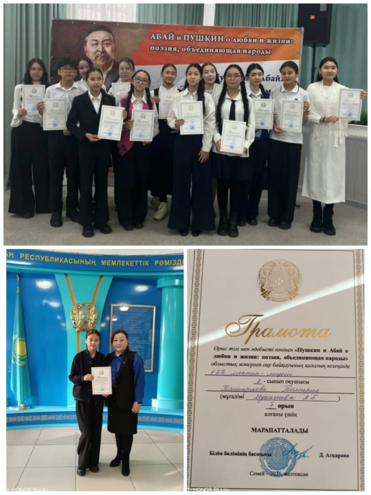 Орыс тілі мен әдебиеті пәнінен "Пушкин и Абай о любви и жизни: поэзия, объединяющая народы" облыстық мәнерлеп оқу байқауының қалалық кезенінде #22 мектеп-лицейінің 8 сынып оқушысы Таширяева Томирис 2 орын алды. Пән мұғалімі: Мукашева А. Б.