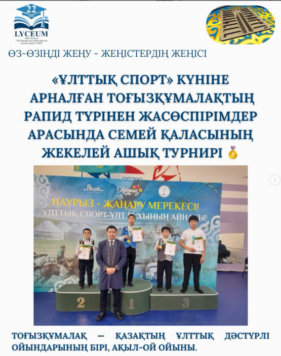 7 “А” сынып оқушысы Берікқанов Ердос «Ұлттық спорт» күніне арналған тоғызқұмалақтың рапид түрінен жасөспірімдер арасында Семей қаласының жекелей ашық турнирінде 1 орын алды.