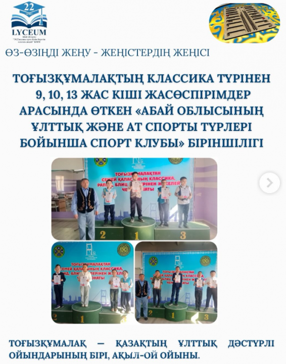 Тоғызқұмалақтың классика түрінен 9, 10, 13 жас кіші жасөспірімдер арасында өткен «Абай облысының ұлттық және ат спорты түрлері бойынша спорт клубы» біріншілігі