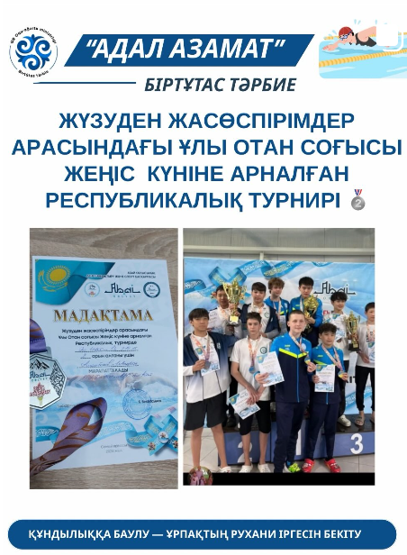 Жүзуден жасөспірімдер арасындағы Ұлы Отан соғысы Жеңіс күніне арналған Республикалық турнирде 8 "А" сынып оқушысы Аманбеков Шыңғыс в/с, 4х200м 2-орынға ие болды. Сынып жетекшісі: Габдуллина А.А.